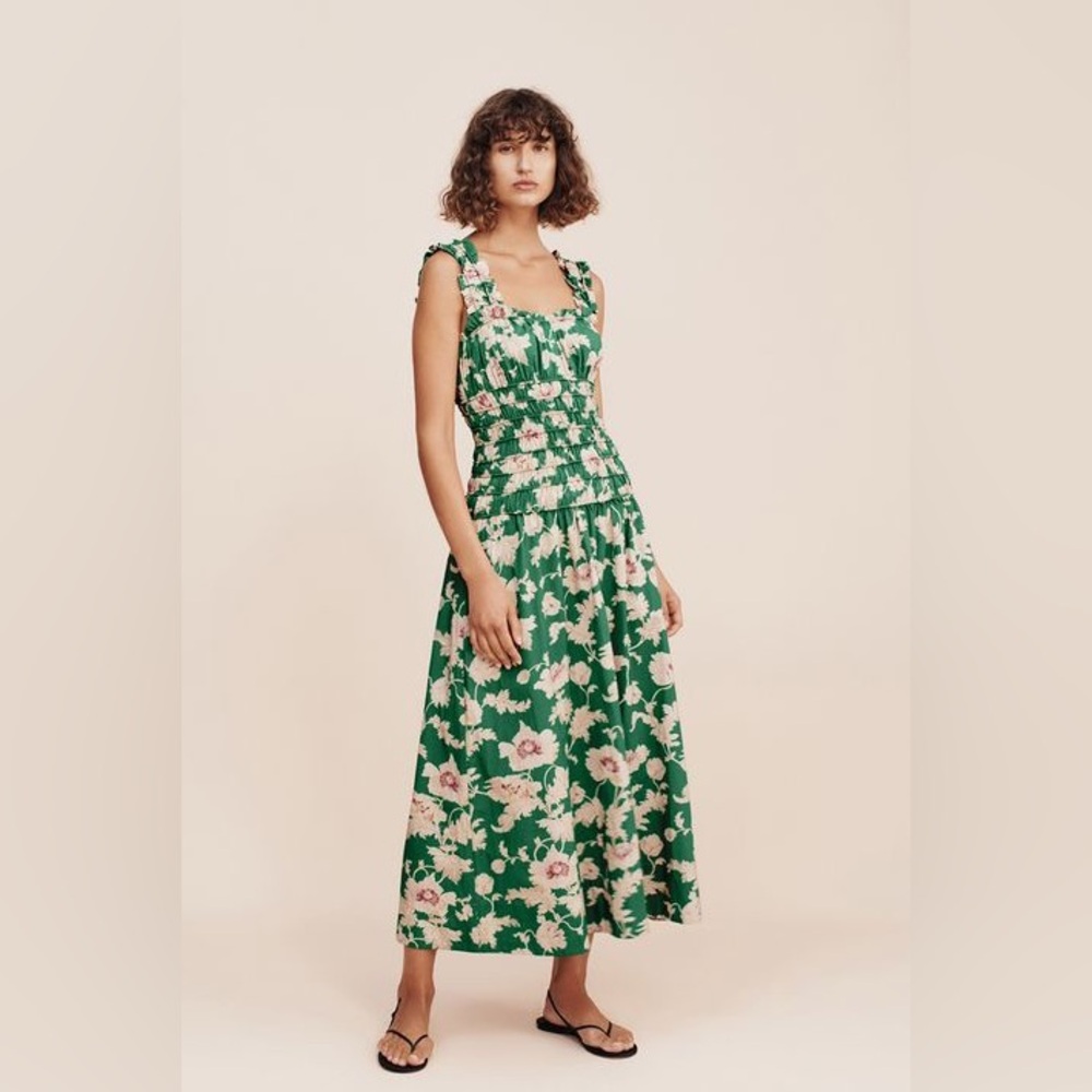 Posse Lorelei Smocked Green Floral Cotton Midi Dress